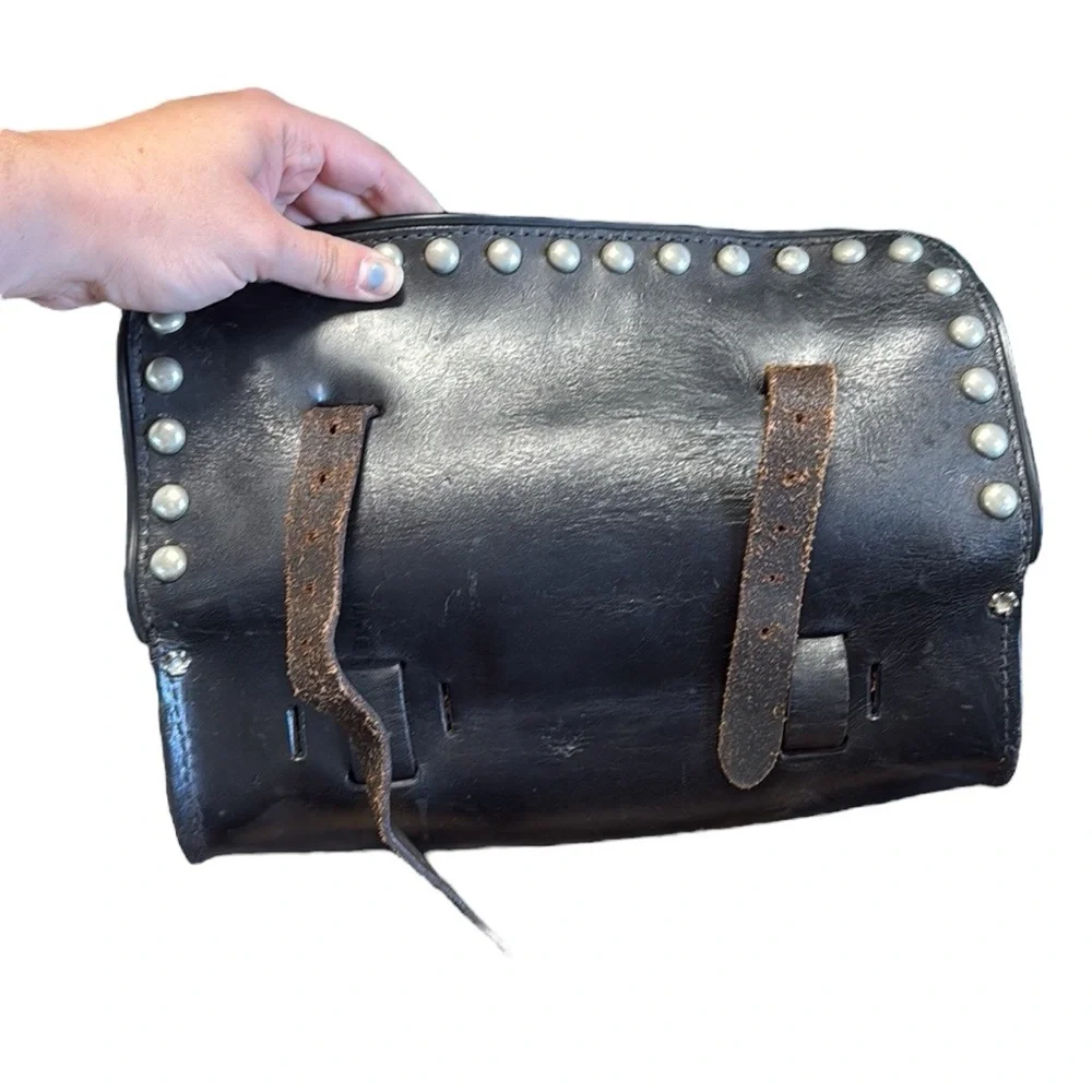 Motorcycle Rider Travel Small Luggage Storage Box Case Black Leather Studded